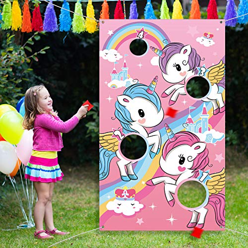 Blulu Unicorn Bean Bag Toss Game for Kids Outdoor Toys Unicorn Toss Game Banner with 3 Nylon Bean Bags Birthday Party Game Backyard Yard Activities for Toddler Birthday Gift for Girls