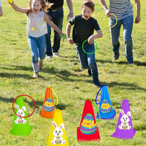 Cinrobiye 62 Pcs Easter Outdoor Games Set, Field Day Party Activities with Potato Sack Race, Egg and Spoon Race, Three Legged Race and Ring Toss for Family Gatherings and Spring Events