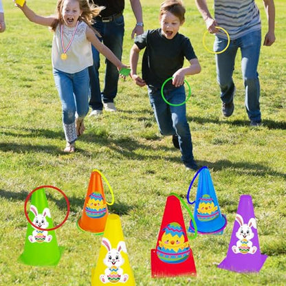 Cinrobiye 62 Pcs Easter Outdoor Games Set, Field Day Party Activities with Potato Sack Race, Egg and Spoon Race, Three Legged Race and Ring Toss for Family Gatherings and Spring Events
