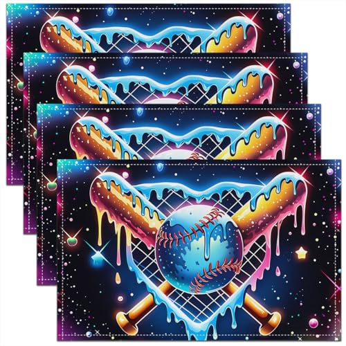 jejeloiu Baseball Placemats Set of 4 12x18 Inch Ice Cream Drip Donut Sprinkles Table Mats for Kitchen Holiday Brown Baseball Bat Place Mat for Dinner Table Indoor Non-Slip Easy to Clean Washable - color: Brown Blue