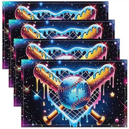 jejeloiu Baseball Placemats Set of 4 12x18 Inch Ice Cream Drip Donut Sprinkles Table Mats for Kitchen Holiday Brown Baseball Bat Place Mat for Dinner Table Indoor Non-Slip Easy to Clean Washable - color: Brown Blue