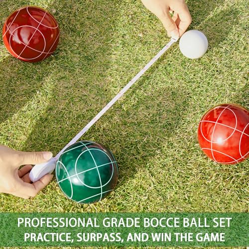 Bocce Ball Set 90mm Regulation Size - 8 Premium Resin Balls with Pallino, Carrying Bag, Measuring Tape - Outdoor Lawn Game for Adults, Seniors, Family - Backyard Beach Park Yard Game