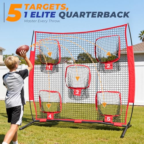 7x7ft/8x8ft Football Throwing Net, Quarterback Training Equipment with 5 Target Pockets, Includes Football, Portable Carry Bag - color: Red, size: 6x6ft
