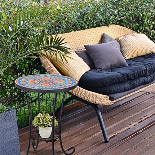 VCUTEKA Outdoor Side Table Mosaic Patio Table Accent Tables Mosaic Tile Top Metal Frame Small End Tables Porch Beach Patio Garden Balcony Blue 14'' - color: Blue