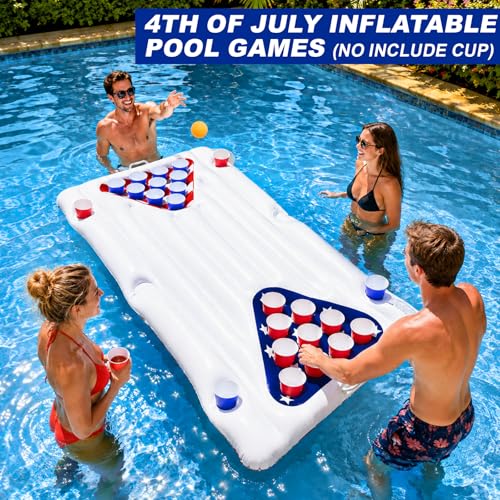 2 in 1 Patriotic Pool Float & Pong Toss Games Table with 8 Balls, 4th of July Pool Toys Game for Adults Kids Family, 6Ft x 3Ft Inflatable Floats Lounge Raft for USA 250th Anniversary (No Include Cup)