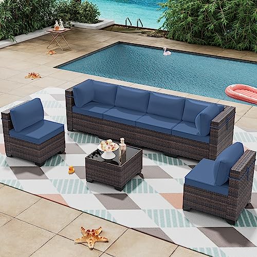 7 Pieces Outdoor Patio Furniture Set,Outdoor Sectional Furniture All Weather PE Rattan Wicker Patio Conversation Set with Coffee Table and 6 Thickened Cushions,Navy Blue - color: Navy Blue, size: 7 Sofa Set