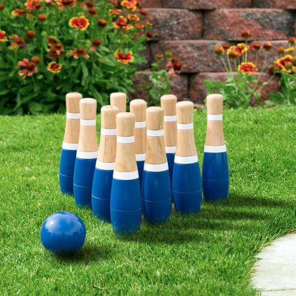 HEY! PLAY! 13-Piece Wood Bowling Set - Indoor/Outdoor Bowling Game for Adults and Kids Ages 3 and Up - 10 Wood Pins, 2 Balls, and Carrying Bag (Blue) - color: Blue & White