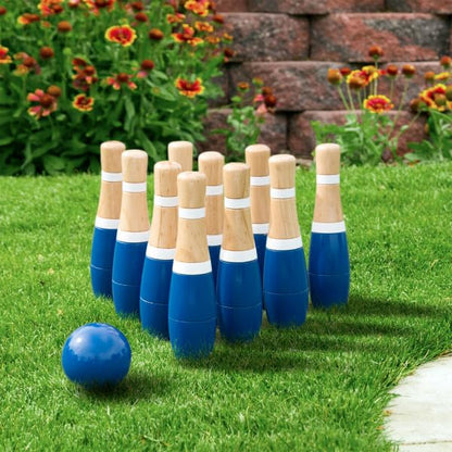 HEY! PLAY! 13-Piece Wood Bowling Set - Indoor/Outdoor Bowling Game for Adults and Kids Ages 3 and Up - 10 Wood Pins, 2 Balls, and Carrying Bag (Blue) - color: Blue & White