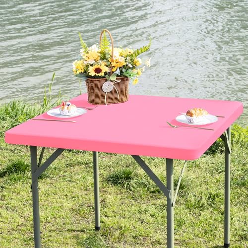 Square Fitted Table Cover Elastic Tablecloth Stretch Spandex Table Topper Cap Cover for Dining Kitchen Home Party Pink 34X34 Inch - color: Pink, size: 34" x 34" (Square)