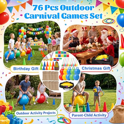 76 Pcs Outdoor Carnival Games Set, Multi Game Field Day Kit with Potato Sack Race Bags, Hopper Balls, Ring Toss, Bean Bags, Medals Cones for Backyard Party, Picnic, Reunion, Team Building