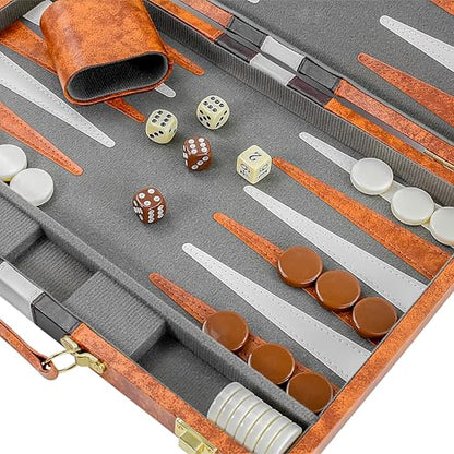 15 Inch Travel Backgammon Set for Adults, Classic Board Game with Premium PU Leather Case, Portable Strategy Backgammon Game Set, Brown - color: Brown