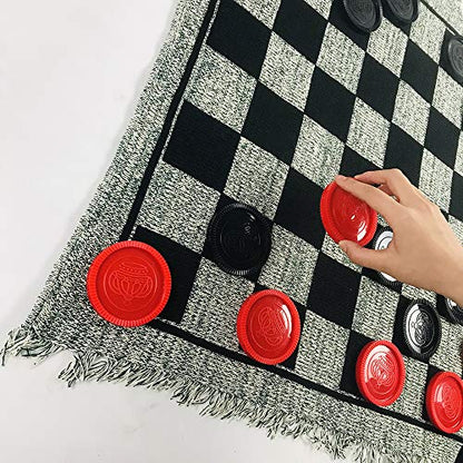 Yuanhe Gaint Checkers Game Set - Large 3 in 1 Checkers Including Tic Tac Toe with Reversible Rug, Calssic Indoor Outdoor Yard Games for Family