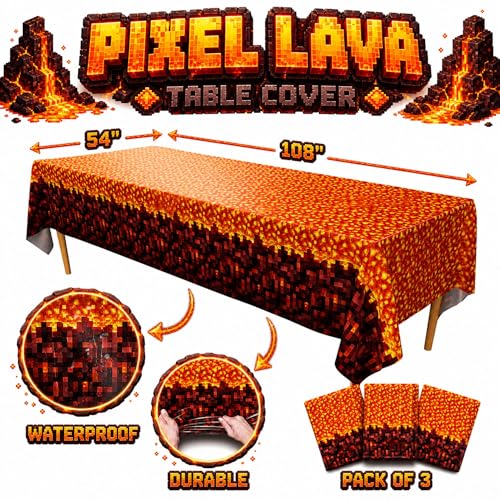 Blue Orchards Pixel Lava Tablecover (Pack of 3) 108" x 54" – Immersive Lava Themed Gaming Tablecloth, Accent and Backdrop, Gift Wrap, Lava Block Style Party Table Cover, Lava Rock Inspired - color: Pixel Lava (Pack of 3)