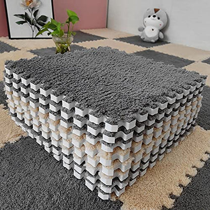 12 pcs Thickened Plush Interlocking Floor Mat 0.6" Thick- Fluffy Square Tiles with 12 Edgings Soft Anti-Slip Puzzle Area Rug Playmat for Room (11.8", Gray & Light Brown) - color: Gray & Light Brown