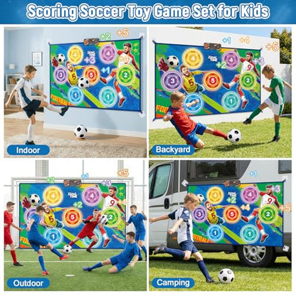 Electronic Scoring Soccer Toy Game Mat Set for Kids, Indoor Outdoor Toss Soccer Target Game with Real-Time Score, 2 Soft Soccer & Goal, Birthday Gifts for 3-5/6-8/8-12 Years Old Boys Girls