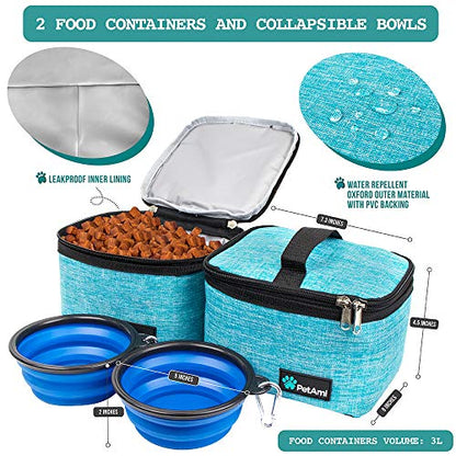 PetAmi Dog Travel Bag Organizer, Pet Travel Kit with 2 Food Containers & 2 Collapsible Dog Bowls, Pet Supplies Tote with Luggage Sleeve, Weekend Road Trip Camping Essentials, Teal Blue, Medium - color: Sea Blue, size: Medium - 14.5"L x 8"W x 12.0"H