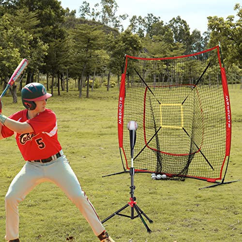 Storgem Baseball and Softball Practice Net 7×7ft Portable Hitting Pitching Batting Training Net Baseball Backstop Net with Batting Tee and Strike Zone and Bow Frame - color: Red Pro