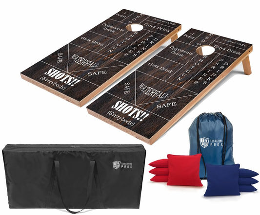 Tailgating Pros Regulation Cornhole Boards - 4'x2' Lightweight Wooden Retro and Classic Themed Cornhole Game w/Carrying Case & Set of 8 Corn Hole Bean Bags w/Tote - color: Drinking Game
