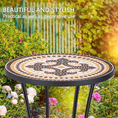 VCUTEKA Outdoor Side Table Mosaic Patio Table Accent Tables Mosaic Tile Top Metal Frame Small End Tables Porch Beach Patio Garden Balcony Tan - color: Tan