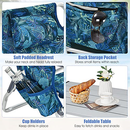 Tangkula Backpack Beach Chair with Table, 5-Position Lay Flat Lightweight Low Folding Beach Chairs with Cooler Bag, 2 Cup Holders, Towel Bar, Backpack Straps - color: Navy, style: 2 Pack with Table