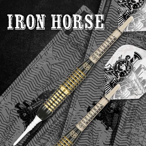 DW Ironhorse Brass Soft Tip Darts, 18G / 20G | Pixel Tip Dart Set with Storage Case Wallet, Black & Gold Darts, Plastic Tips, Professional Darts Accessories