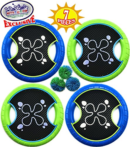 Matty's Toy Stop Deluxe Trampoline Extreme Paddle Ball Set for 4 Players - Includes 4 (12") Trampoline Paddles, 3 Rubber String Balls & Storage Bag