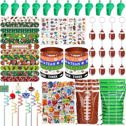 134 Pcs Football Party Favors Set 12 Silicone Bracelet 12 Whistles 12 Keychains 12 Slap Bracelet 12 Tattoo Stickers 12 Plastic Straws 12 Gift Bags 50 Football Stickers for Football Party Supplies