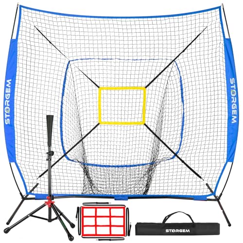 Storgem Baseball and Softball Practice Net 7×7ft Portable Hitting Pitching Batting Training Net Baseball Backstop Net with Batting Tee and Strike Zone and Bow Frame - color: Blue