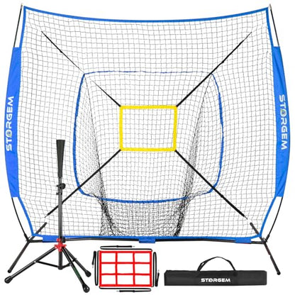 Storgem Baseball and Softball Practice Net 7×7ft Portable Hitting Pitching Batting Training Net Baseball Backstop Net with Batting Tee and Strike Zone and Bow Frame - color: Blue