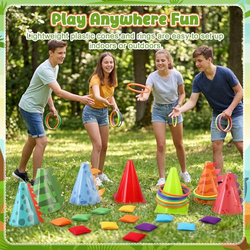 RoundFunny 12set 3 in 1 Ring Toss Game Set, Carnival Game Kit with Cones, Rings, Bean Bags & Storage Bag, Includes 12 Dinosaur Card Sets for DIY Toss Games, Birthday Party, Easter, Carnival - style: Dinosaur