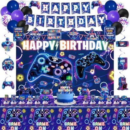 Video Game Birthday Decorations, Purple Blue Game Gaming Birthday Party Decor Decoration - Backdrop, Balloons, Cake Toppers, Tablecloth, Centerpieces, Hanging Swirls, Wall Signs
