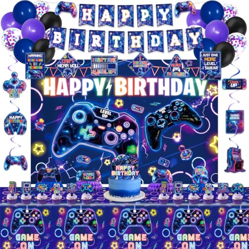 Video Game Birthday Decorations, Purple Blue Game Gaming Birthday Party Decor Decoration - Backdrop, Balloons, Cake Toppers, Tablecloth, Centerpieces, Hanging Swirls, Wall Signs