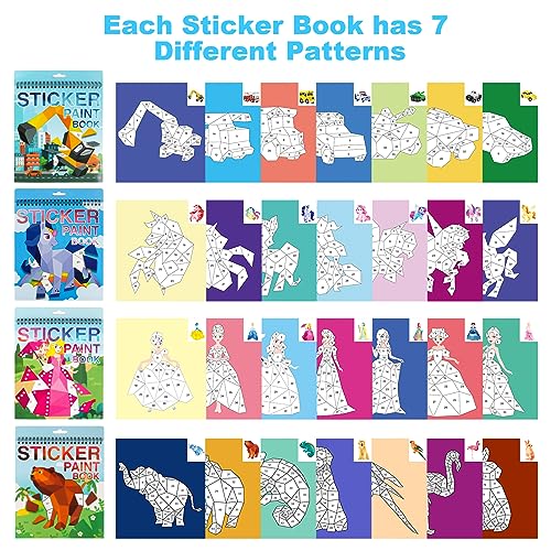 AEAHALY 4 Pack Paint By Sticker for Kids Crafts for Kids Ages 4-8 Sticker By Number Books Boys and Girls Birthday Gifts Party Favor, Travel Toys for Toddlers Learning (Princess+Animal+Horse+Vehicle) - style: Style1-4PCS