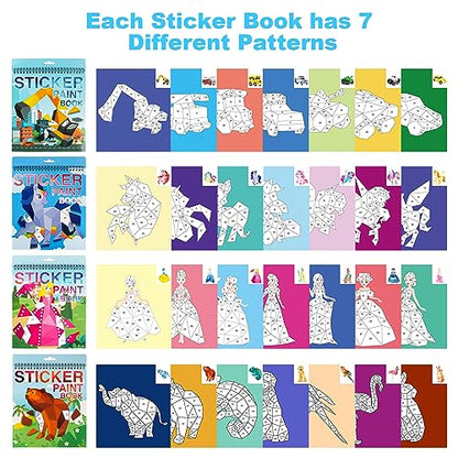 AEAHALY 4 Pack Paint By Sticker for Kids Crafts for Kids Ages 4-8 Sticker By Number Books Boys and Girls Birthday Gifts Party Favor, Travel Toys for Toddlers Learning (Princess+Animal+Horse+Vehicle) - style: Style1-4PCS
