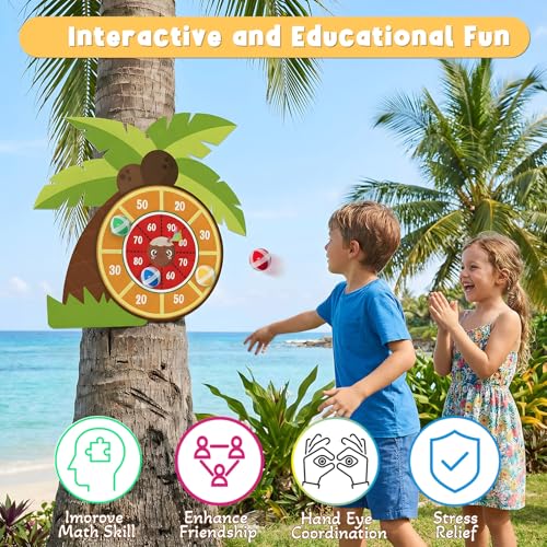 23" Hawaii Dart Board Set,Palm Tree Dart Board with Sticky Balls,Tropical Party Supplies Summer Dart Shooting Indoor Outdoor Games Party Supplies with 12 Stick Balls, Hook