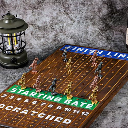 Large 21 inch Finish LINE Horse Racing Board Game is Equipped with 11 Luxury Metalcraft Horses Adult Chessboard Including 2 Dice and 2 Boxes of Cards (Flaming Color) - color: Large -Burnt