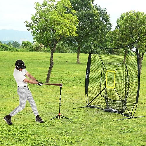 Storgem Baseball and Softball Practice Net 7×7ft Portable Hitting Pitching Batting Training Net Baseball Backstop Net with Batting Tee and Strike Zone and Bow Frame - color: Black Pro