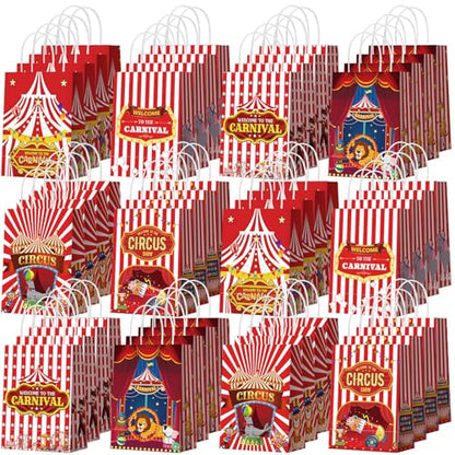 Kolldenn 48 Pcs Carnival Party Favor Bags Circus Gift Goodie Paper Bags with Handles Red White Stripe Circus Treat Candy Pouch for Carnival Party Supplies Birthday Mardi Gras Decorations - style: Circus