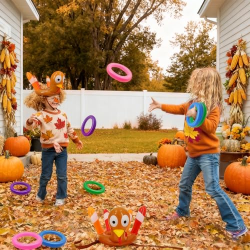 2 Pack Thanksgiving Ring Toss Games Toys for Kids Thanksgiving Inflatable Turkey Hats Toss Games Thanksgiving Family School Party Favors Decor Indoor Outdoor Party Game(2 Turkey Hats, 8 Rings)
