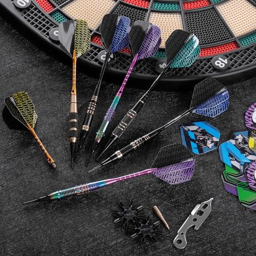 CyeeLife Darts Plastic Tip, Professional Soft Tip Darts Set for Electronic Dartboard 12pcs with 50 Extra Tips 12 Shafts 24 Flights 2 Flight Protctors 20 Rubber O Rings Shaft Lock System and Dart Tool