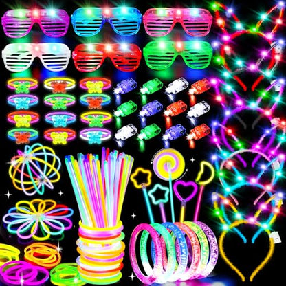 156Pcs Glow In The Dark Party Supplies for Kids/Adults, Light Up Accessories with Glasses, Headband, Bracelets, Necklaces, Wand, 100 Glow Sticks Bulk Party Pack, Neon Disco Birthday Party Decorations