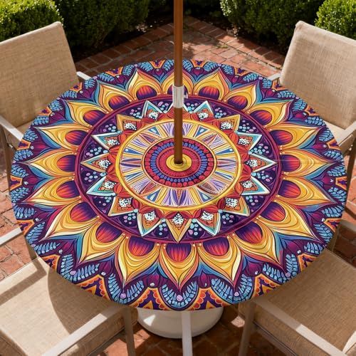 Round Outdoor Tablecloth with Umbrella Hole, Zippered Fitted Tablecloth with Elastic Edge, Waterproof Table Cloth Cover for Picnic Party Fits 37"-44" Round Table, Boho - color: Boho, size: 44" (Round)