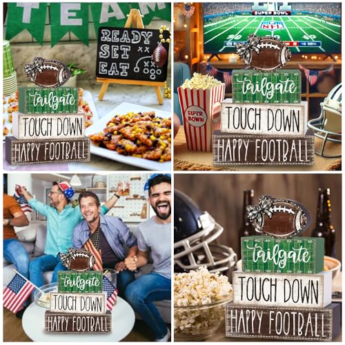 DIYDEC 4Pcs Football Table Decoration Happy Football Wooden Block Sign Fall Rugby Tiered Tray Decor Centerpiece Decorative Faux Book Stack for Holiday Tabletop Coffee Fireplace Shelf Desk Party Decor - style: Football