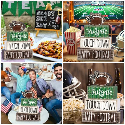 DIYDEC 4Pcs Football Table Decoration Happy Football Wooden Block Sign Fall Rugby Tiered Tray Decor Centerpiece Decorative Faux Book Stack for Holiday Tabletop Coffee Fireplace Shelf Desk Party Decor - style: Football