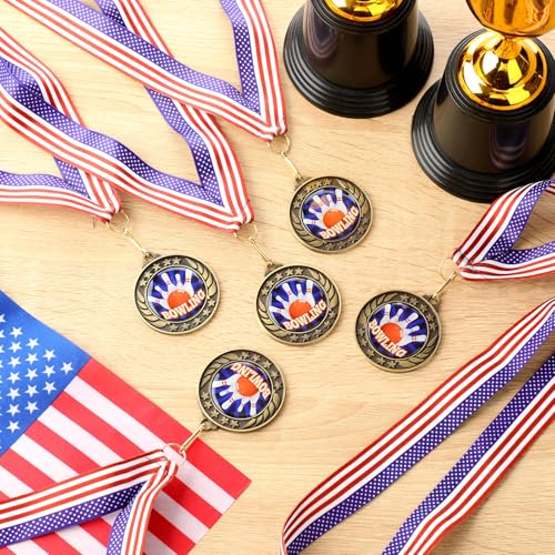 Realspring 8 Pcs Bowling Award Medals with Stars and Stripes 2 Inches Bowling Ball Medal with American Flag Neck Ribbon for Adults Tournament