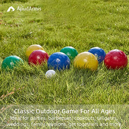ApudArmis 100mm Bocce Balls Set, Lighter Outdoor Bocce Game for Backyard/Lawn/Beach - Set of 8 Soft PE Balls & 1 Pallino & Nylon Carrying Case & Measuring Tape for Teens Beginners - size: 100mm Regulation Size