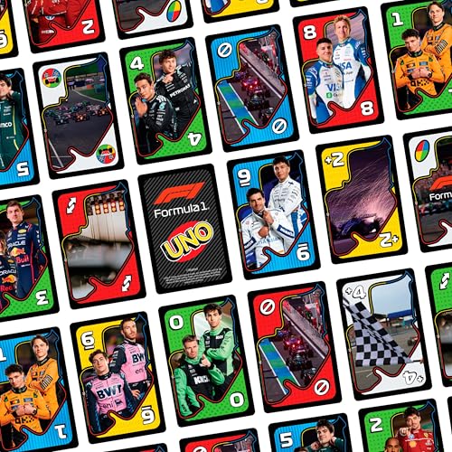 Mattel Games UNO F1 Card Game for Kids, Families, Travel & Camping, Deck Features Images from the World of Formula 1 Racing - style: UNO F1
