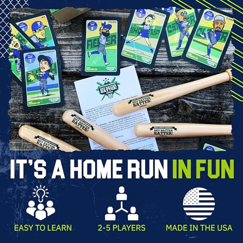 Grandma Smiley's Hey Batter Batter, Baseball Card Games for Kids 8-12, Card Games for Adults and Families, Family Card Games - 2-5 Players, 52 Custom Cards, 4 Mini Baseball Bats - Made in The USA