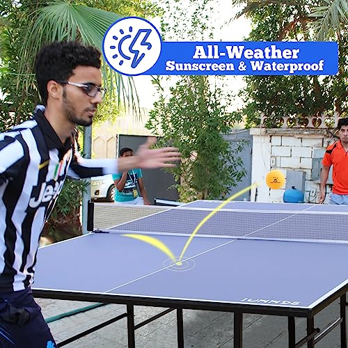 Table Tennis Table Mid-Size, Foldable Ping Pong Table Top Full Size with 2 Paddles, 2 Balls, 1 Net & 4 Wheels, Folding Table Tennis for Indoor & Outdoor, Quick Assembly to Support Multiplayer - size: 9ft