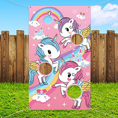 Blulu Unicorn Bean Bag Toss Game for Kids Outdoor Toys Unicorn Toss Game Banner with 3 Nylon Bean Bags Birthday Party Game Backyard Yard Activities for Toddler Birthday Gift for Girls